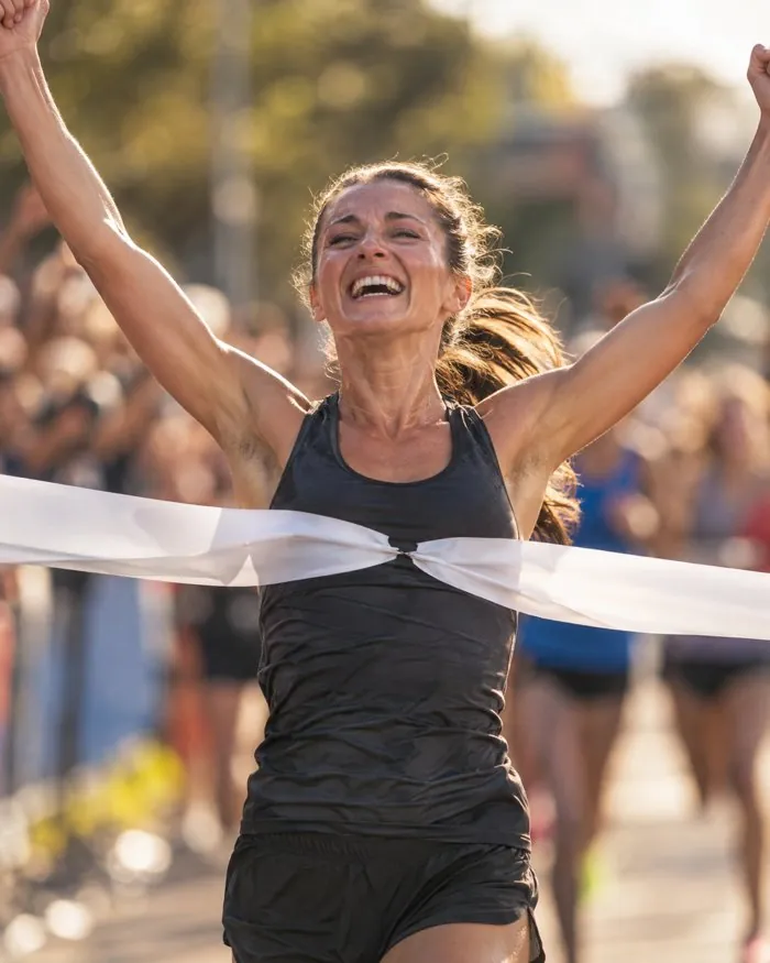 Runner breaking the finish-line tape