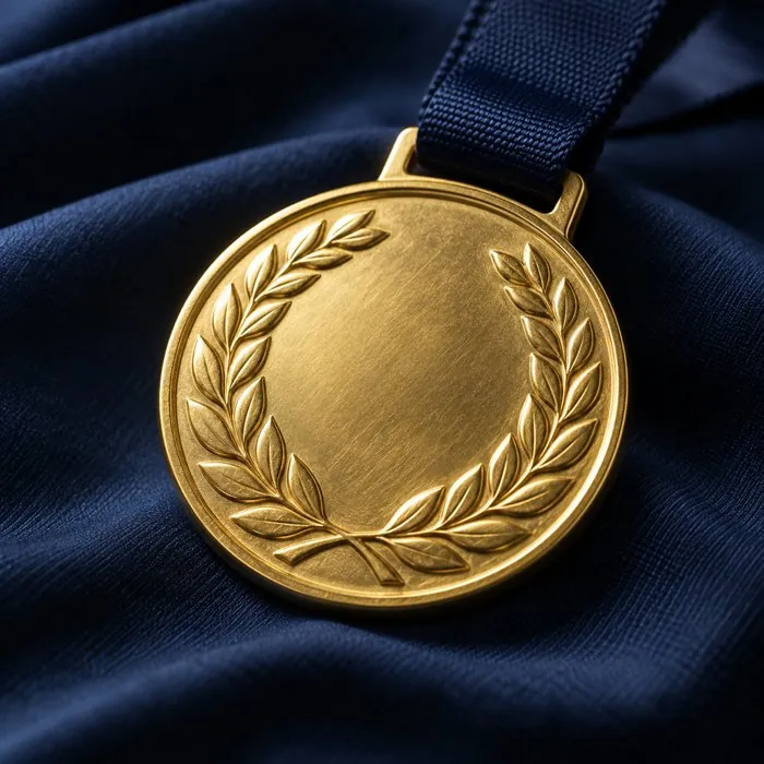 Gold finisher medal on a navy background