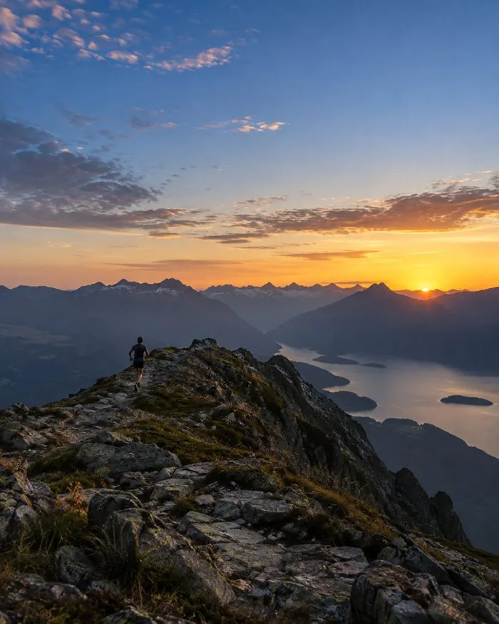 Trail runner on a mountain ridge at dawn