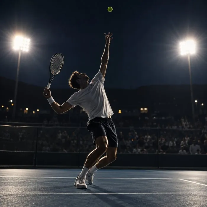 Tennis player serving under stadium lights
